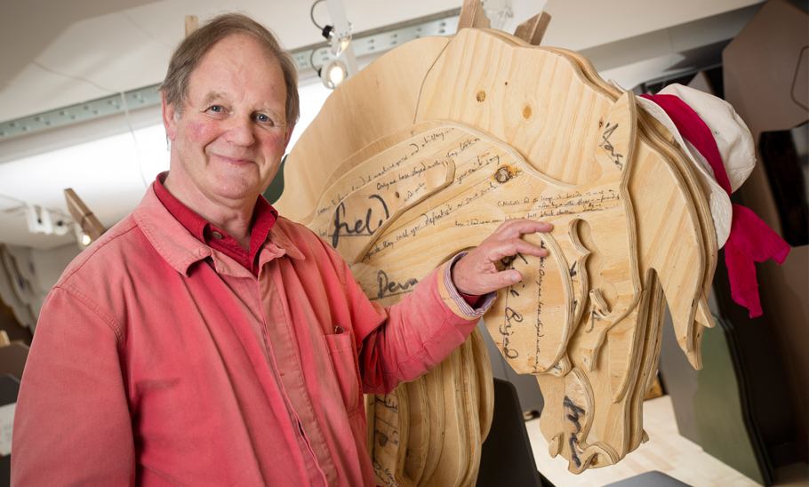 Michael Morpurgo with Alice Through the Looking Glass chess set