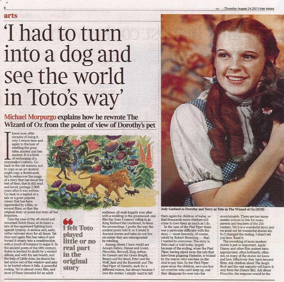 Michael Morpurgo - Toto - The Times article 24 August 2017