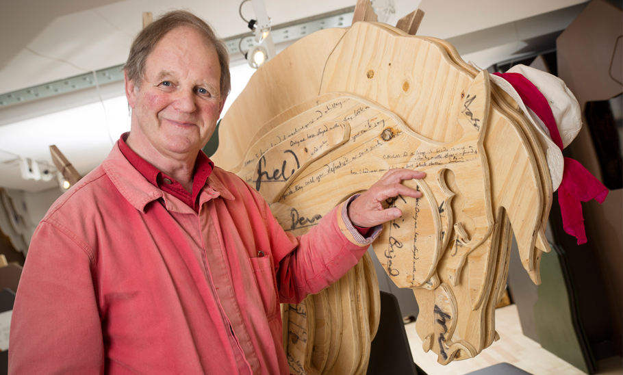 Michael Morpurgo at Seven Stories event with wooden horse